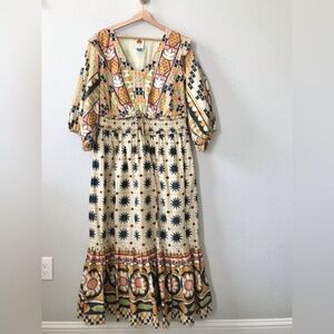 Farm Rio for Anthropologie Tropical Sunshine V Neck Dress Size 1X Maxi Ruffle